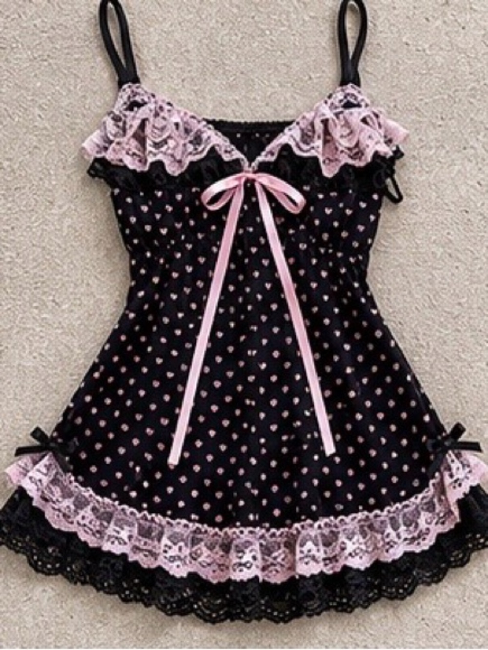 Black & Pink Heart Lace-Trim Chemise by